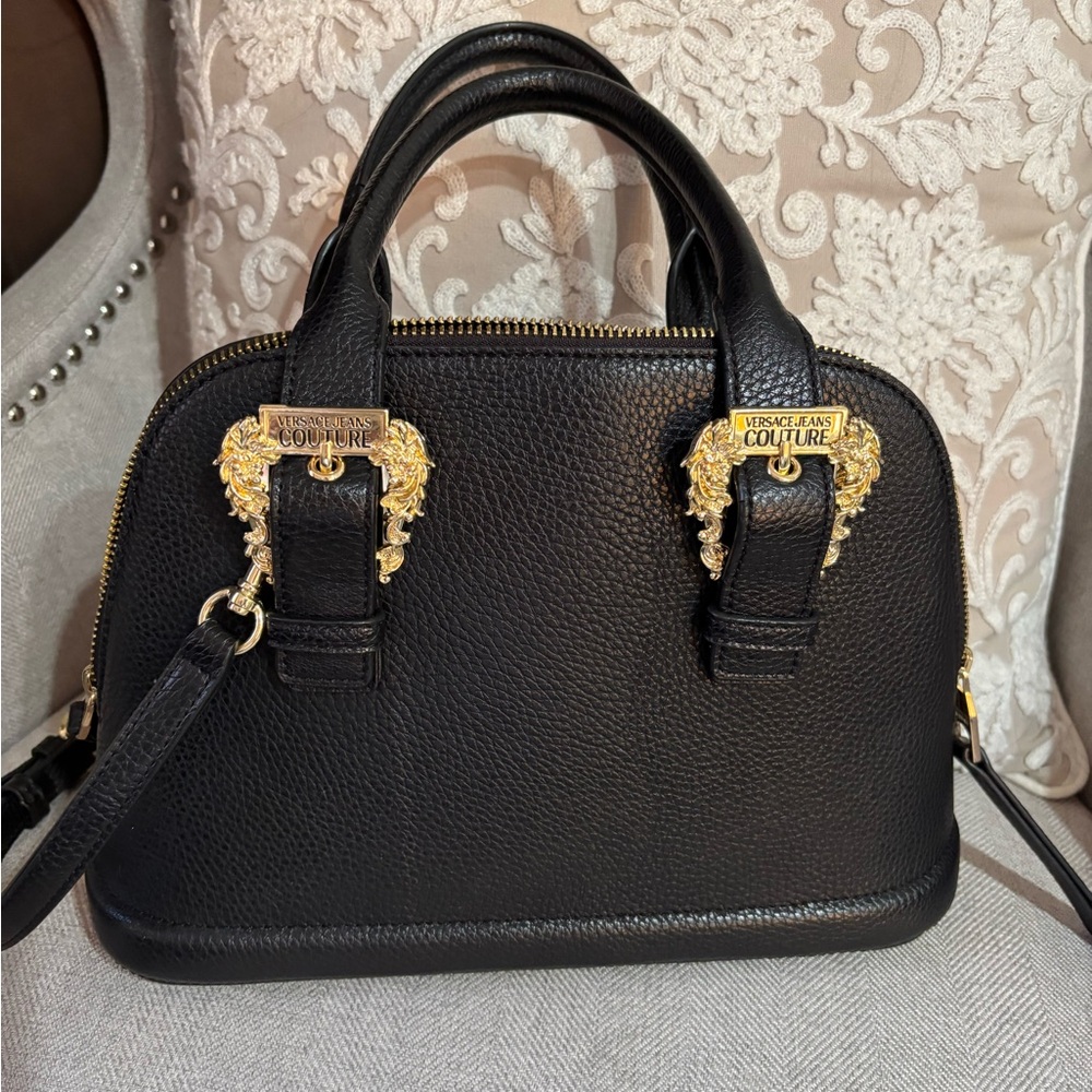Versace Jeans Collection Black and Gold Crossbody Bag with Structured Design
